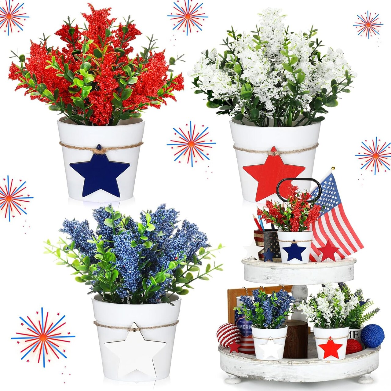 Set 4th of July Small Fake Plants Memorial Day Mini Artificial Potted Plants